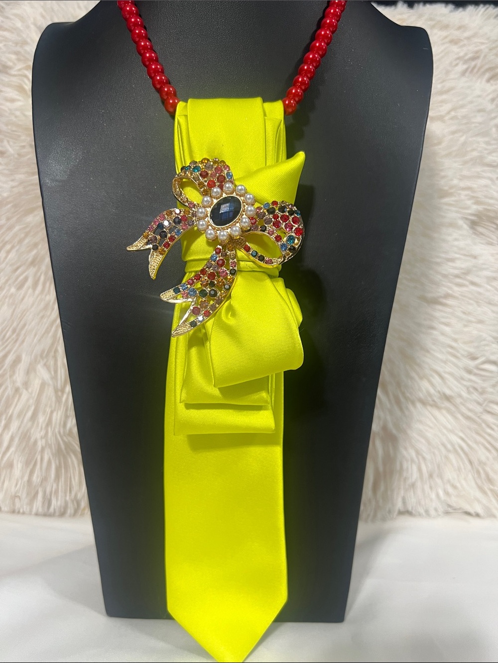 Yellow Satin Bow Necklace Pendant with Multicolor Rhinestone Bow